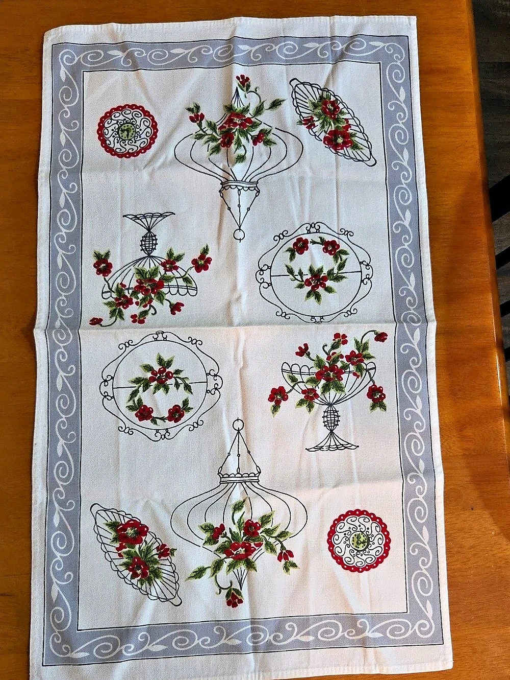 Vintage Floral Kitchen Towel in White & Red